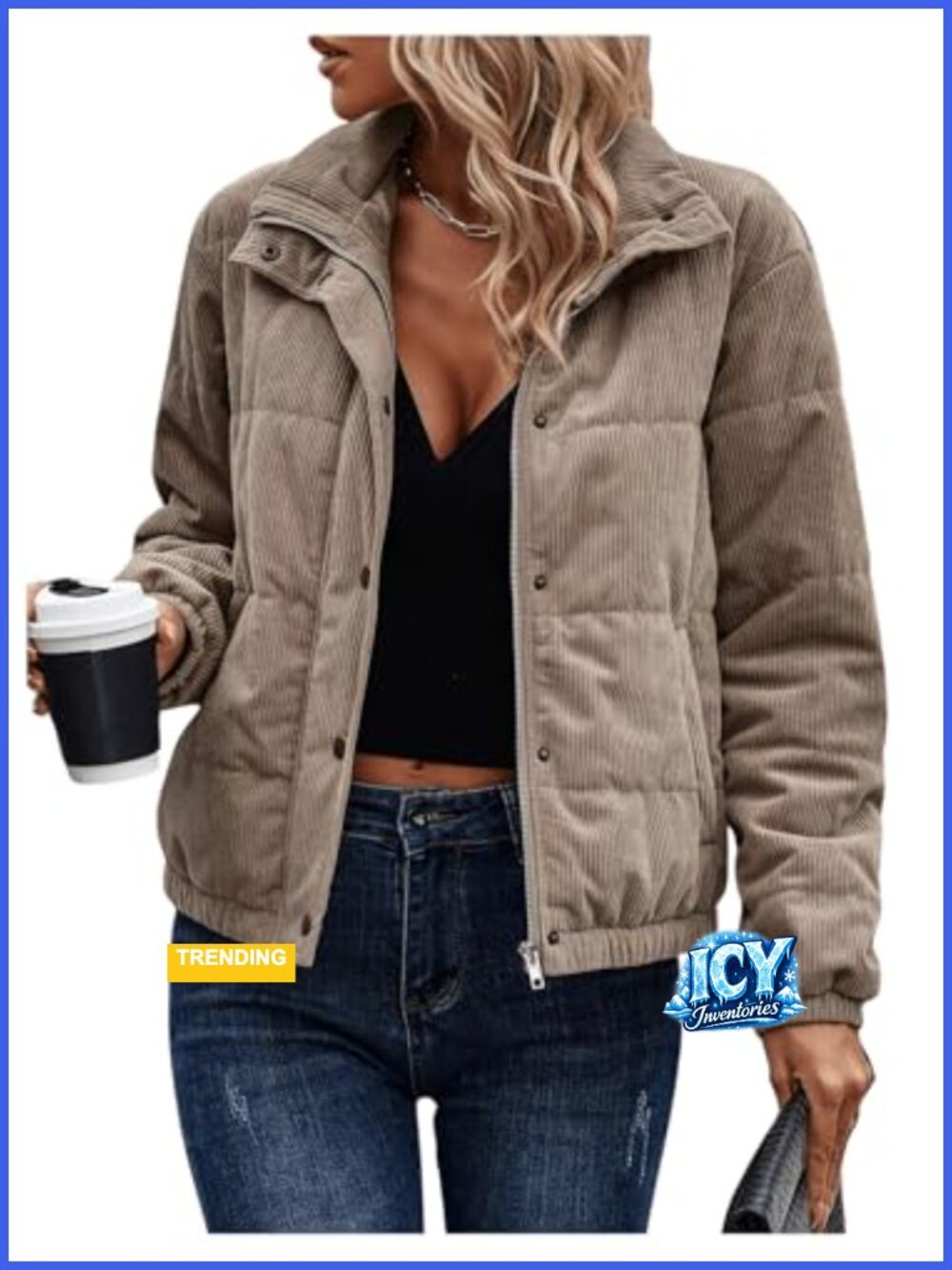 Corduroy Quilted Puffer Jacket Zip Up Padded Bomber Jacket Long Sleeve